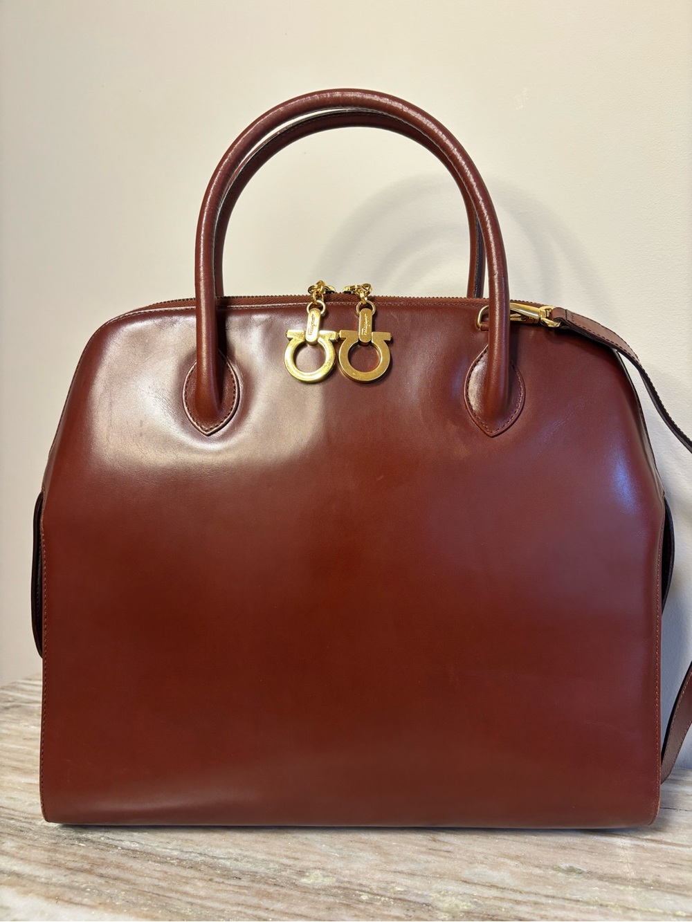 Vintage Salvatore Ferragamo Brown Leather Gancini Dome Satchel Crossbody Bag - Picture 13 of 15
